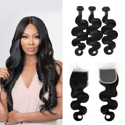 Body Wave Human Hair Bundles with Closure Brazilian Virgin Hair Weaves 3 Bundles with 4x4 Lace Closures Natural Color