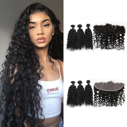 Peruvian Curly Human Hair Weft With Frontal 100% Human Hair 3 Bundles With Frontal Peruvian Virgin Hair