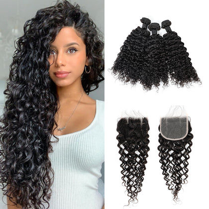 Remy Natural Blacak 3 Bundles Curly With 4x4 Lace Closure