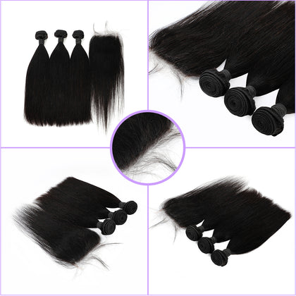 Straight Hair Weave 3 Bundles with Lace Closure Free Part 100% Virgin Remy Hair Natural Black Color