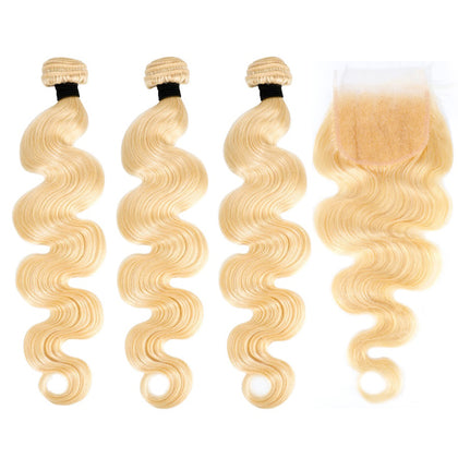 Blonde Brazilian Body Wave Human Hair Bundles With Closure 3 Bundles With Closure