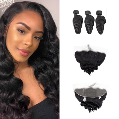 Loose Wave 13×4 Lace Frontal With Bundles Peruvian Human Hair 3 Bundle With Frontal