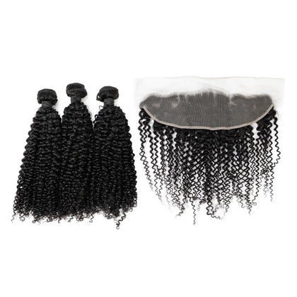 Indian Kinky Curly 3 Bundles with 13x4 Frontal Lace Human Hair Extensation