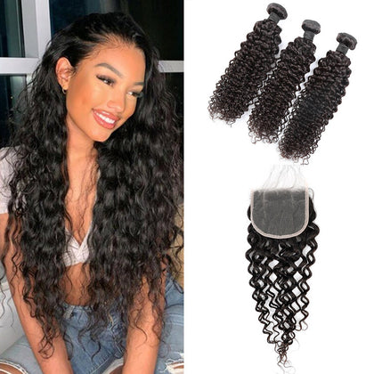 Brazilian Virgin Hair Curly Wave 3 Bundles With 4*4 Lace Closure 100% Human Hair